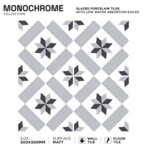 Elevate your interiors with Monochrome Apex 300x300mm Moroccan Tiles for floor and wall. Featuring bold geometric patterns in a striking monochrome palette, these tiles are perfect for modern Indian homes. Ideal for living rooms, kitchens, and bathrooms.
