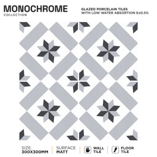 Elevate your interiors with Monochrome Apex 300x300mm Moroccan Tiles for floor and wall. Featuring bold geometric patterns in a striking monochrome palette, these tiles are perfect for modern Indian homes. Ideal for living rooms, kitchens, and bathrooms.