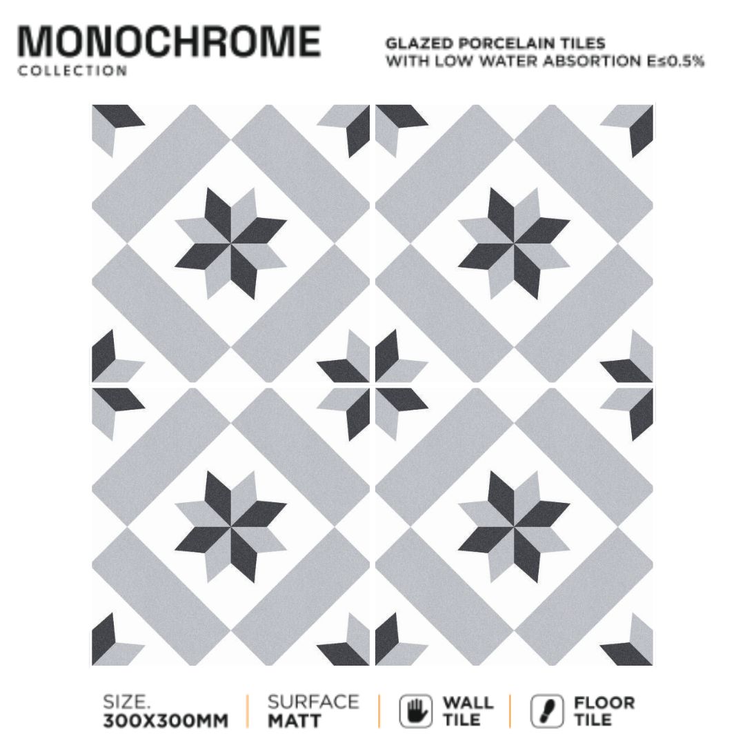 Elevate your interiors with Monochrome Apex 300x300mm Moroccan Tiles for floor and wall. Featuring bold geometric patterns in a striking monochrome palette, these tiles are perfect for modern Indian homes. Ideal for living rooms, kitchens, and bathrooms.